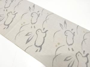 手織り真綿紬　露芝に兎模様織り出し　全通袋帯